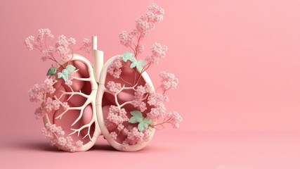 Lung organs with blooming flowers isolated, health and disease concept, AI Generated banner in 3d style