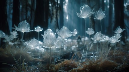  forest of translucent crystal ghost flowers, generative AI
