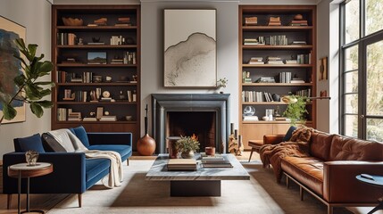 Editorial Style Photo, Eye Level, Modern, Living Room, Fireplace, Leather, generative AI