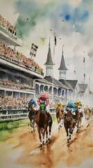 Churchill Downs Horse Race Watercolor Art - Louisville Derby and Oaks - Invitation