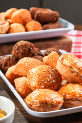 Various brazilian snacks deep fried. (Coxinha, kibe, empadinha e risolis).