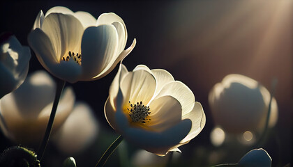 Beautiful White Flowers in The Backlight Bokeh Background AI Generative