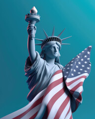 Obraz premium Statue of Liberty with American flag in 3d realistic style isolated on blue background, Independence Day banner template, AI Generated