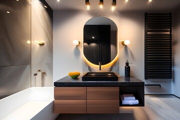 Salle de bain moderne avec baignoire, marbre noir et bois, décors luxueux, végétal, et élégant, grand miroir