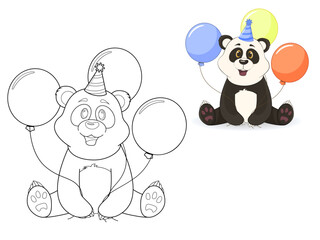 Cute coloring book - happy panda in
festive, blue cap with balloons. Cartoon children's illustration.