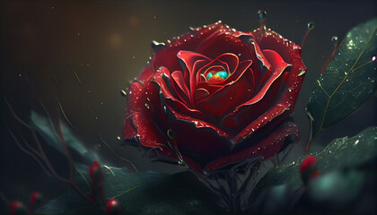 Beautiful Red Rose in Rain Floral Art Background AI Generative