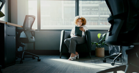 Office tablet, typing and woman reading good review of social network feedback, customer experience or ecommerce. Brand monitoring data, website info or media worker working on online survey analysis