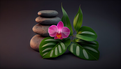 Tree Small Rocks Stacked a Pink Orchid and a Green Leaf on Top AI Generative