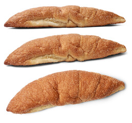 set of freshly baked sweet sugar coated buns, sprinkled sugar and toning, isolated with different angles