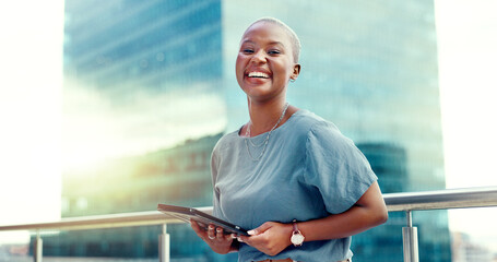 Black woman, business and tablet portrait in city for online communication, networking or trading....