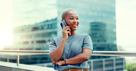 Black woman, business phone call and time management in city outdoor for communication....