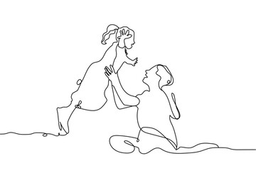 Mom and baby continuous line drawing vector. caring mother and daughter line drawing. mother's arm is being flown by her daughter.  mother  with her female child in continuous line art. Mother's Day 