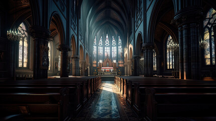 St. Patrick's Catherdral With Large Stained Glass Windows Grand Hall Volumetric Lights Generative AI - obrazy, fototapety, plakaty