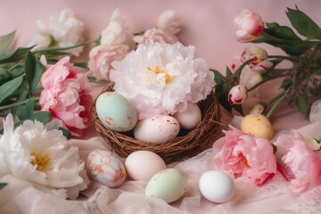 Obraz na płótnie Canvas background peony blossom spring easter wedding holiday egg pink floral flower. Generative AI.