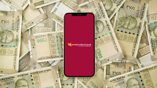 PNB or Punjab National Bank on mobile phone screen, isolated background: Kolkata, India - May 03 2023