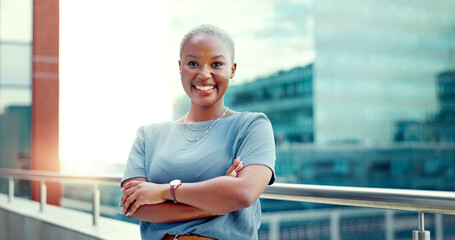 Black woman in city for business portrait while happy and arms crossed outdoor with vision and...