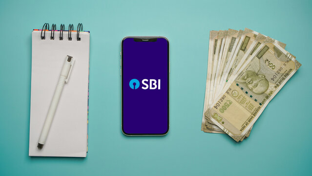 SBI or State Bank of India on mobile phone screen, isolated background: Kolkata, India - May 03 2023