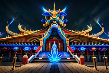 Chinese dragon temple blue neon light