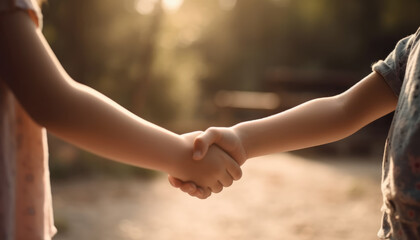 Two children shaking hands - best friends - Generative AI