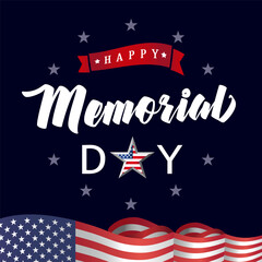 Happy Memorial Day creative banner. Typographic logo and 3D flag United States. Invitation design. Modern calligraphy. Isolated elements. Patriotic background.