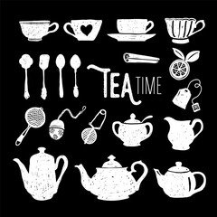 Monochrome tea time doodle elements on black background design