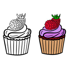 Cupcake With Raspberry. Cupcake For Coloring. Vector illustration of Delicious Pastries