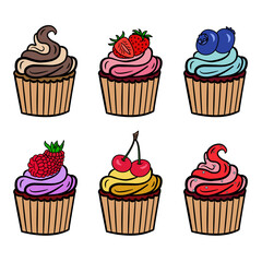 Cupcake Set. Vector Illustration of Delicious Pastries on a White Background