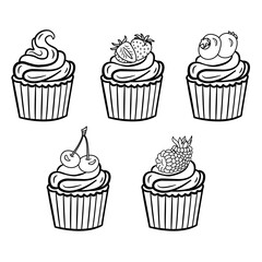 Set of Cupcakes for Coloring Pages. Vector Illustration of Delicious Pastries on a White Background