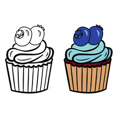 Cupcake With Blueberries. Cupcake For Coloring. Vector illustration of Delicious Pastries