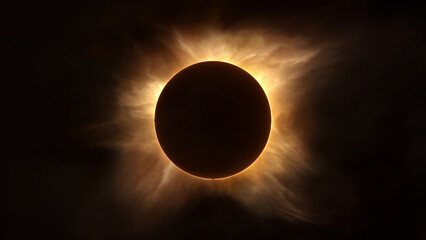 The moon completely  covers the sun in a total solar Eclipse. Illustration.