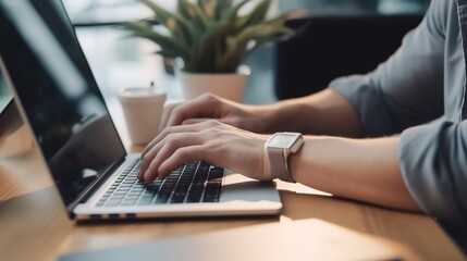 Naklejka premium Close-up of male hands working on laptop in the office. Based on Generative AI