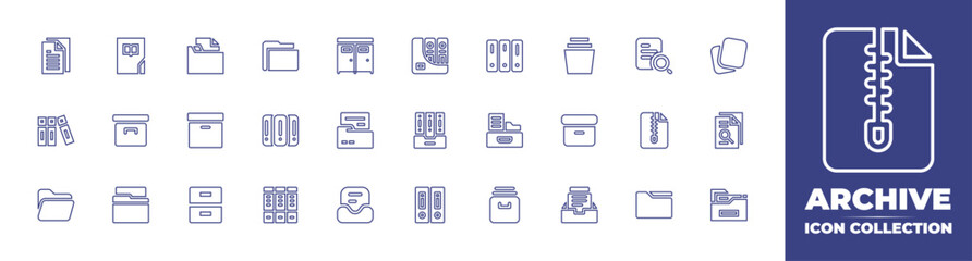 Archive line icon collection. Editable stroke. Vector illustration. Containing documents, library, folder, dressing room, archive, paper, papers, binder, storage box, archives, zip, search, and more.
