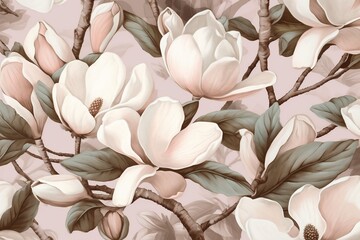 background spring wallpaper leaf floral pattern magnolia flower watercolor seamless decoration. Generative AI.