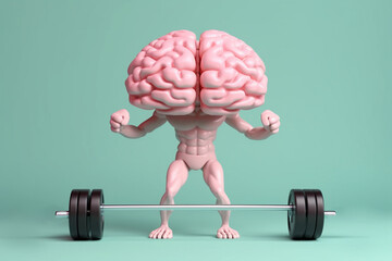 Human brain lifting weights. 3D brain lifting a heavy dumbbell. Mind training, memory health, Alzheimer's prevention, brain training, education, study and menthal health concept. AI generated