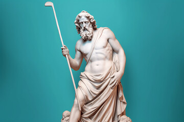 Obraz premium Marble statue of an ancient Greek god Zeus playing golf. Sculpture holding a golf club. Beauty standards, leasure, ideal body, sports activity, fitness, sports lifestyle concept. AI generated