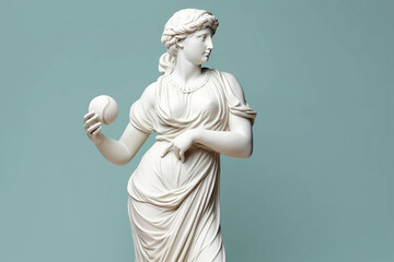 Obraz premium Marble statue of an ancient Greek goddess doing sports on pastel background. Baseball player sculpture. Beauty standards, ideal body, sports activity, fitness, sports advertising concept.AI generated