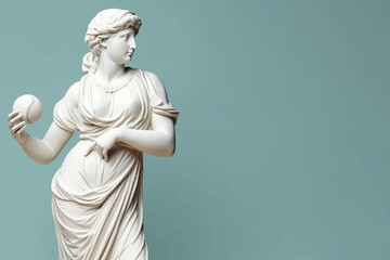 Obraz premium Marble statue of an ancient Greek goddess doing sports on pastel background. Baseball player sculpture. Beauty standards, ideal body, sports activity, fitness, sports advertising concept.AI generated