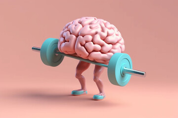 Human brain lifting weights. 3D brain lifting a heavy dumbbell. Mind training, memory health, Alzheimer's prevention, brain training, education, study and menthal health concept. AI generated
