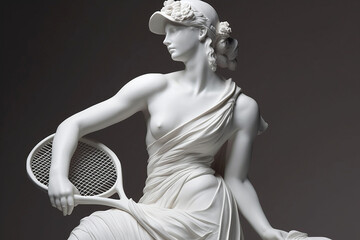 Marble statue of an ancient Greek goddess doing sports on pastel background. Tennis player sculpture. Beauty standards, ideal body, sports activity, fitness, sports advertising concept. AI generated