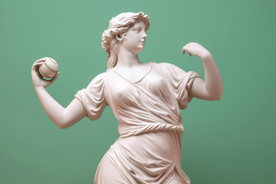 Marble statue of an ancient Greek goddess doing sports on pastel background. Baseball player sculpture. Beauty standards, ideal body, sports activity, fitness, sports advertising concept.AI generated
