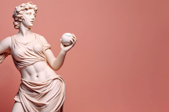 Marble statue of an ancient Greek goddess doing sports on pastel background. Baseball player sculpture. Beauty standards, ideal body, sports activity, fitness, sports advertising concept.AI generated