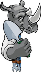 A rhino gardener cartoon gardening animal mascot holding a garden spade tool peeking round a sign