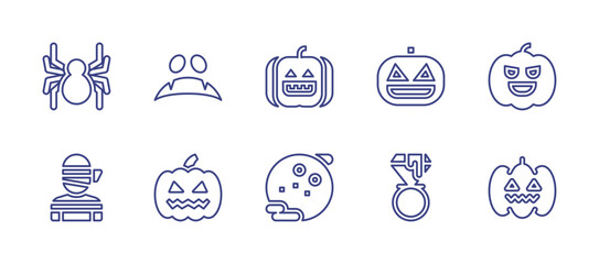 Halloween line icon set. Editable stroke. Vector illustration. Containing spider, spooky, pumpkin, mummy, full moon, halloween candy.