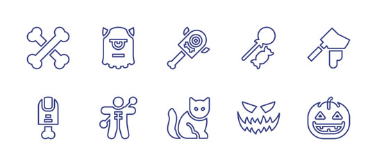 Halloween line icon set. Editable stroke. Vector illustration. Containing bones, monster, halloween candy, axe, finger, voodoo doll, black cat, spooky, pumpkin.