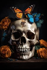 Wall murals Aquarel Skull flower halloween design art skull butterfly skeleton illustration bone death. Generative AI.