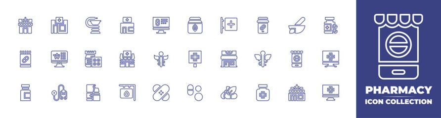 Pharmacy line icon collection. Editable stroke. Vector illustration. Containing pharmacy, online pharmacy, mortar, pills, medicine, pills bottle, stethoscope, bandage, supplement, drugs, and more.