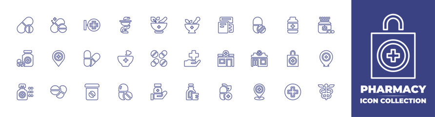Pharmacy line icon collection. Editable stroke. Vector illustration. Containing drugs, drug, pharmacy, mortar, tablets, medicine, medicines, cross, drugstore, pills, syrup, vitamin, and more.