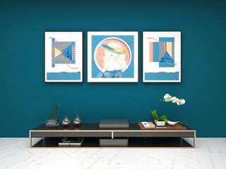 A 3D illustration of three story-filled paintings and a beautiful minimalist wall shelf underneath that can be used as furniture product ideas.