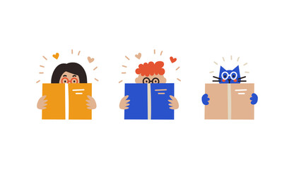 Vector illustration of reading people and a cat. Modern cute illustration isolated on white background.