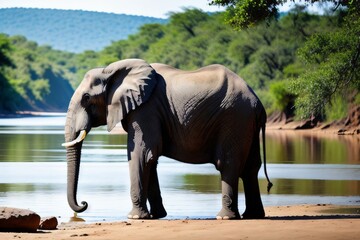 African forest elephant and the River. Generative AI